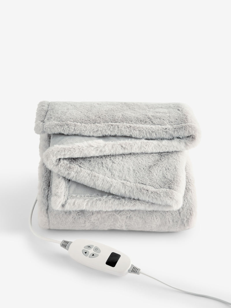 Grey plush electric heated faux fur throw, imported from the UK