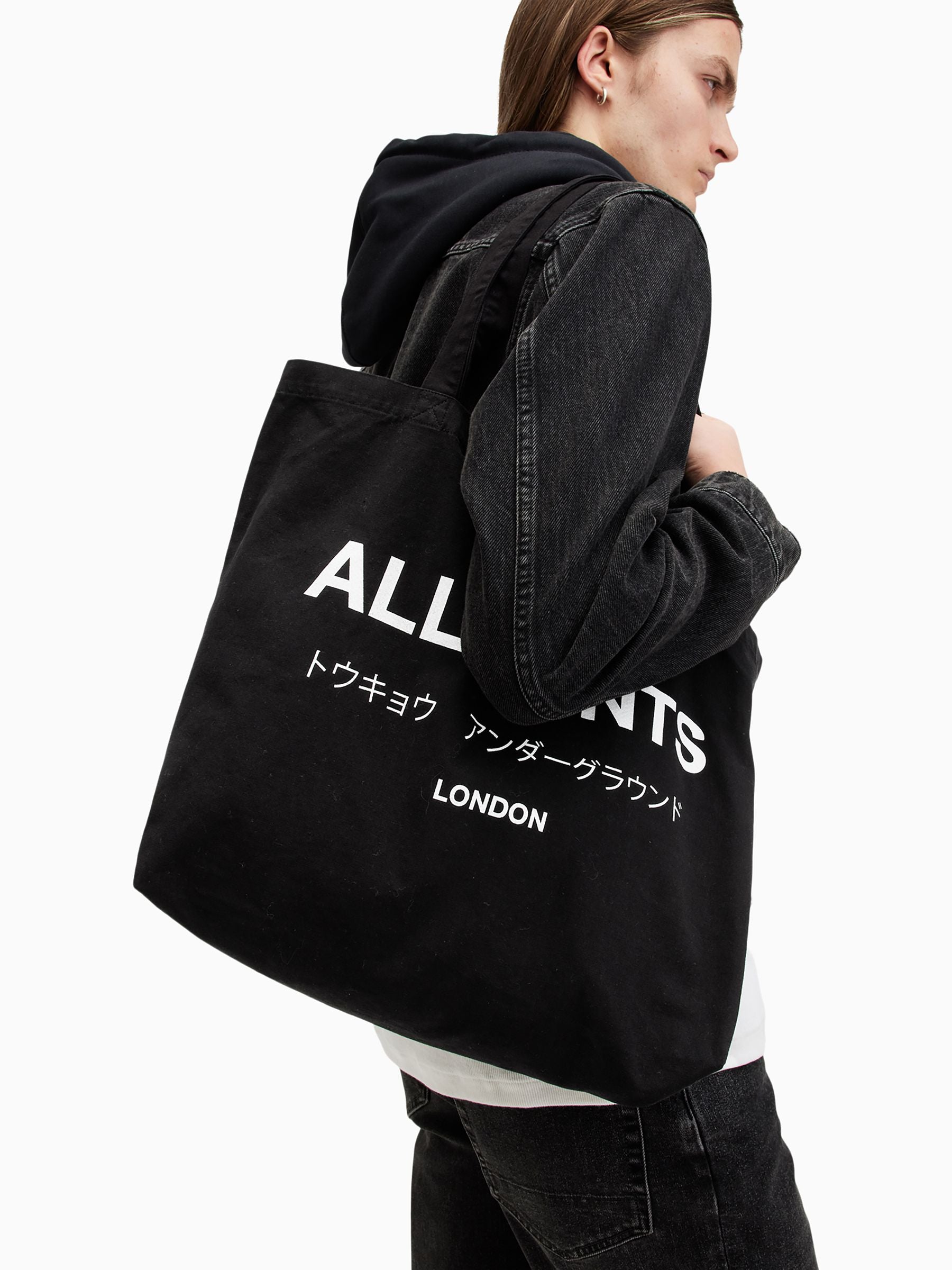 AllSaints Black Future tote bag with Underground graphic, UK version