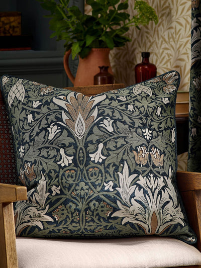 Next Morris & Co. Indigo/Leaf Green Snakeshead Jacquard Chenille Piped Cushion 55cm- Buy online at McGrocer