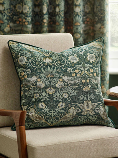 Next Morris & Co Green Strawberry Thief Jacquard Piped Cushion 55cm x 55cm- Buy online at McGrocer