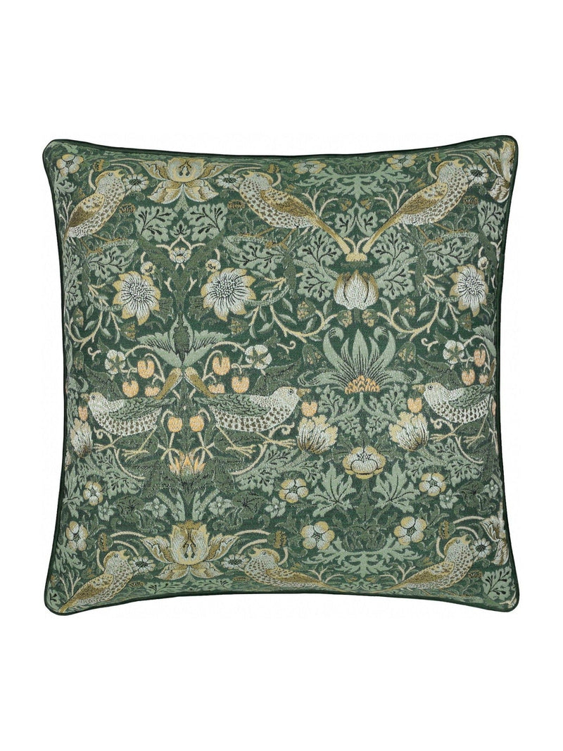 Morris & Co Green Strawberry Thief Jacquard Cushion, imported from the UK