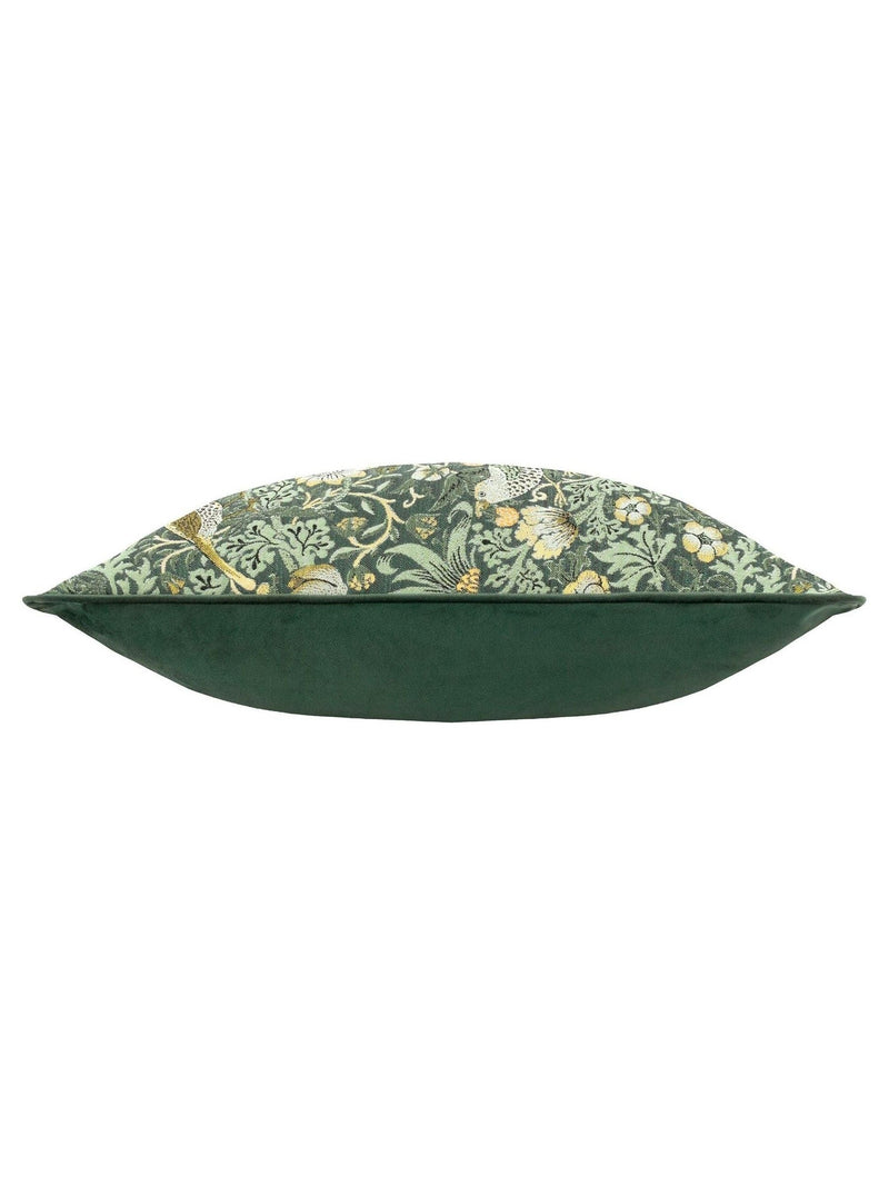 Morris & Co Green Strawberry Thief Jacquard Cushion, imported from the UK