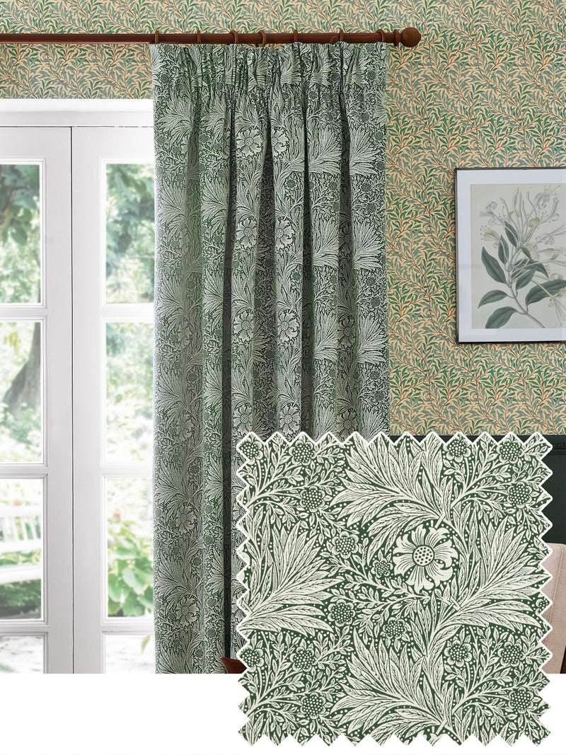 Morris & Co leaf green jacquard pencil pleat curtains 117x137cm, imported from the UK