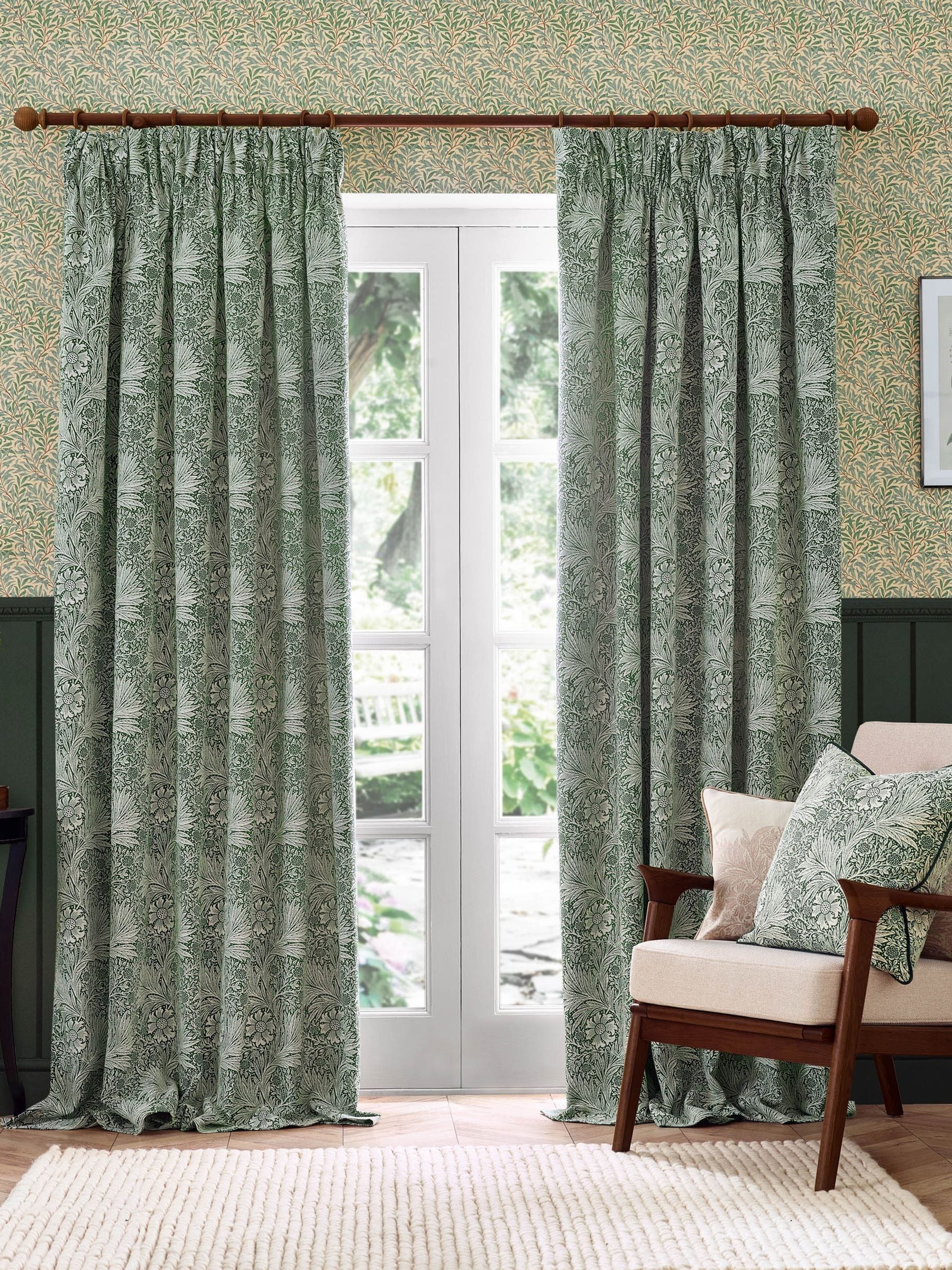 Morris & Co leaf green jacquard pencil pleat curtains 117x137cm, imported from the UK