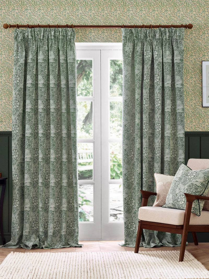 Morris & Co leaf green jacquard pencil pleat curtains 117x137cm, imported from the UK