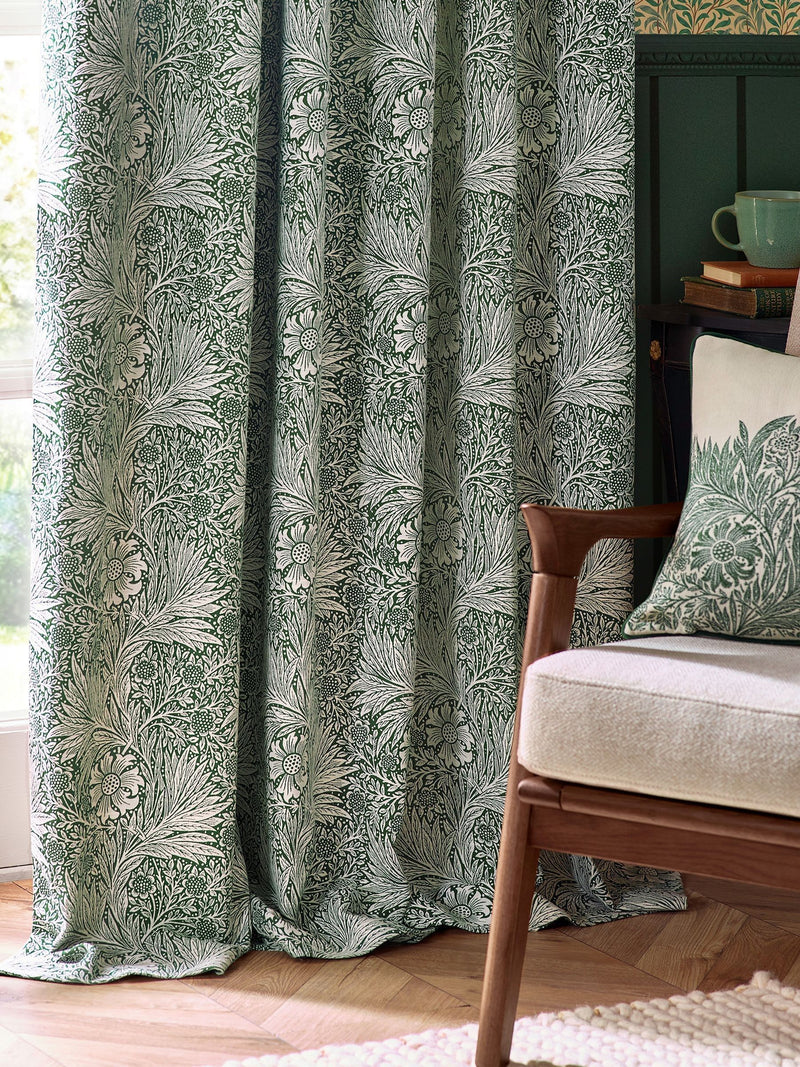 Morris & Co leaf green jacquard pencil pleat curtains 117x137cm, imported from the UK