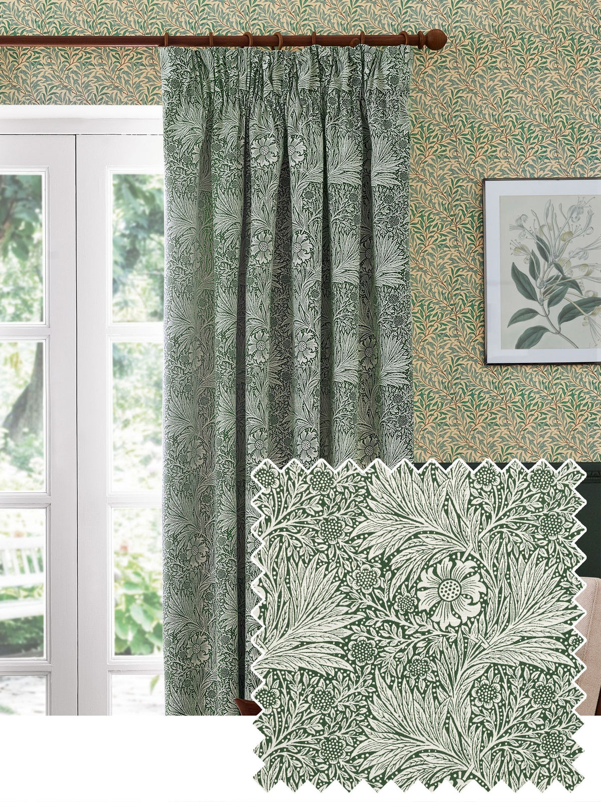 Morris & Co leaf green jacquard pencil pleat curtains 117x137cm, imported from the UK