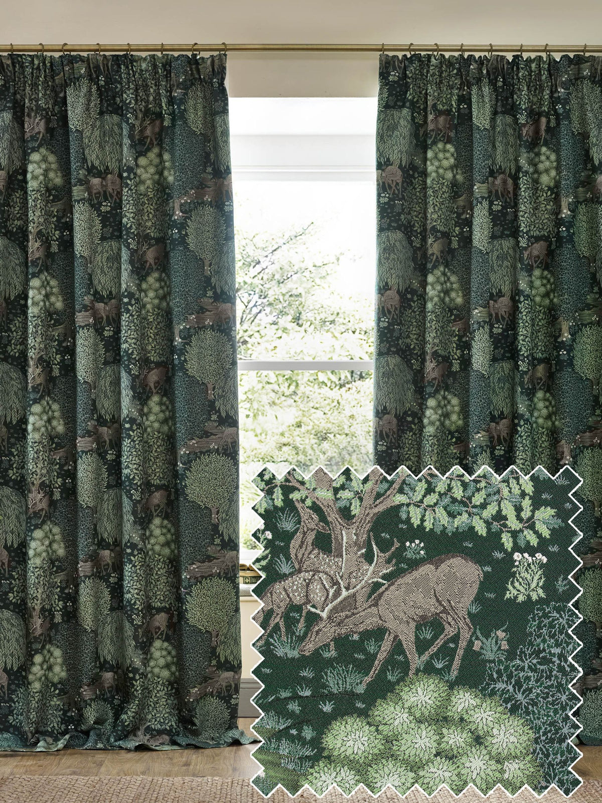 Morris & Co Green The Brook jacquard curtains 117x137cm, UK version