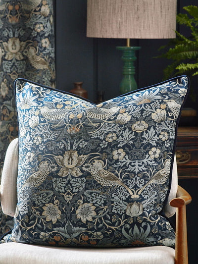 Next Morris & Co Indigo Strawberry Thief Jacquard Piped Cushion 55cm Square- Buy online at McGrocer