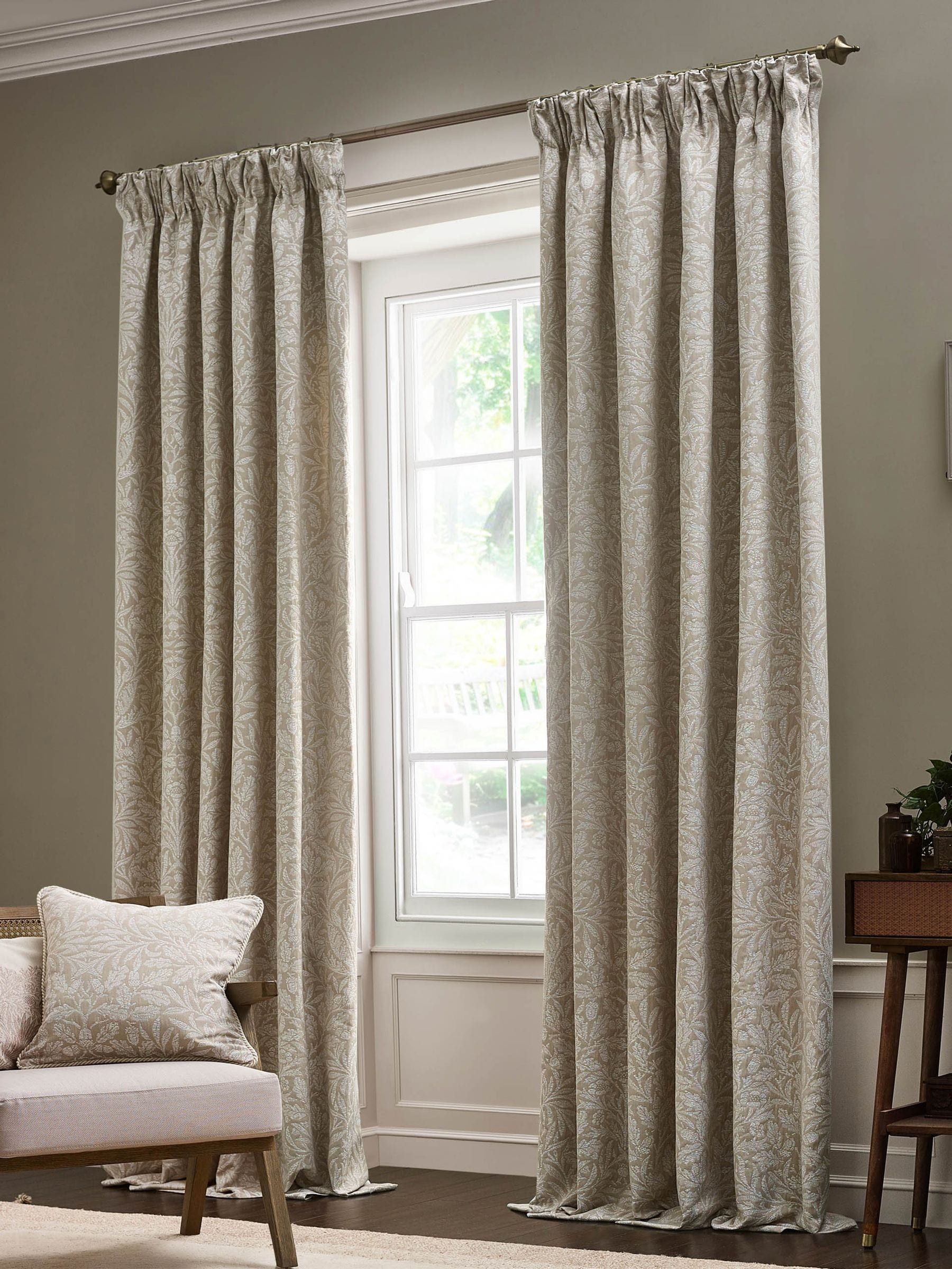 Morris & Co Acorn Tonal jacquard pencil pleat curtains (British brand)