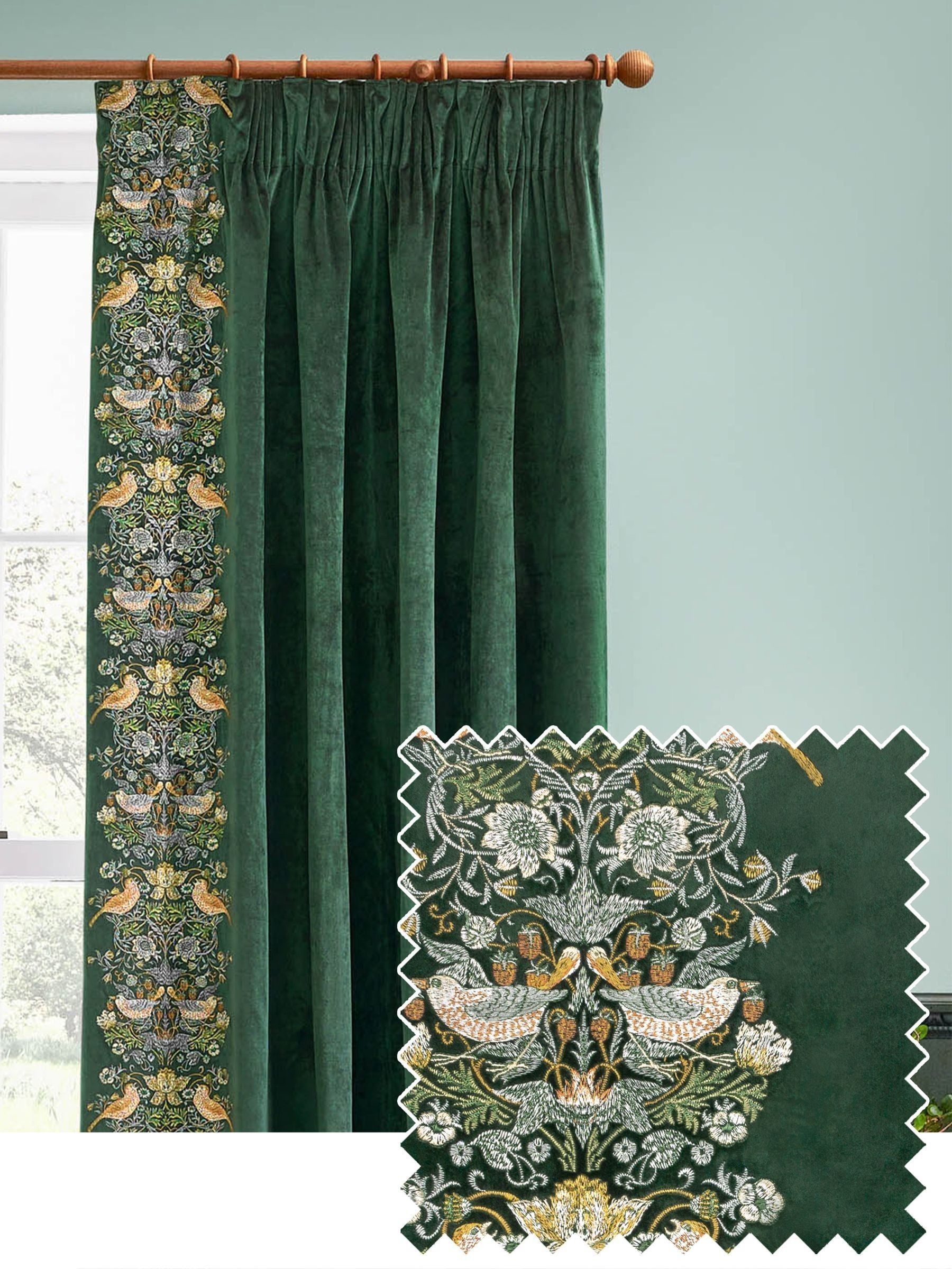Morris & Co Green Strawberry Thief embroidered curtains (British brand)