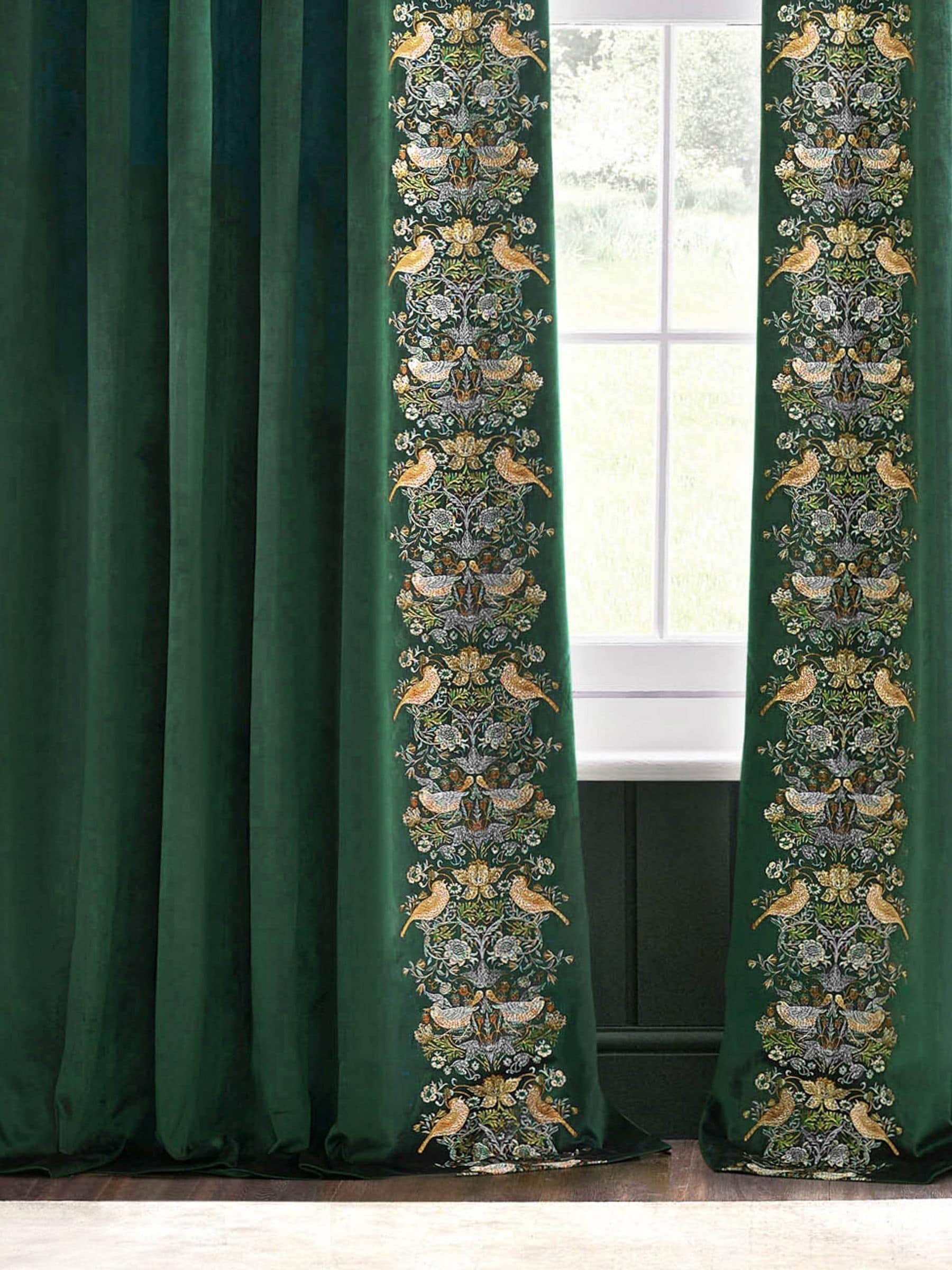 Morris & Co Green Strawberry Thief embroidered curtains (British brand)