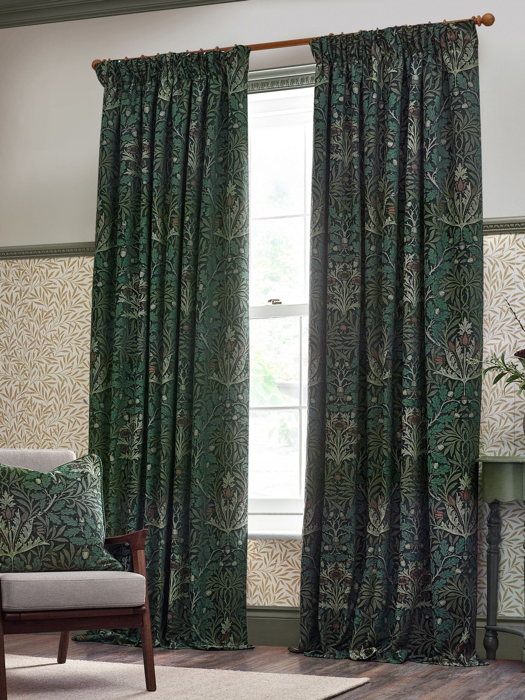 Morris & Co Acorn jacquard chenille pencil pleat curtains, UK version