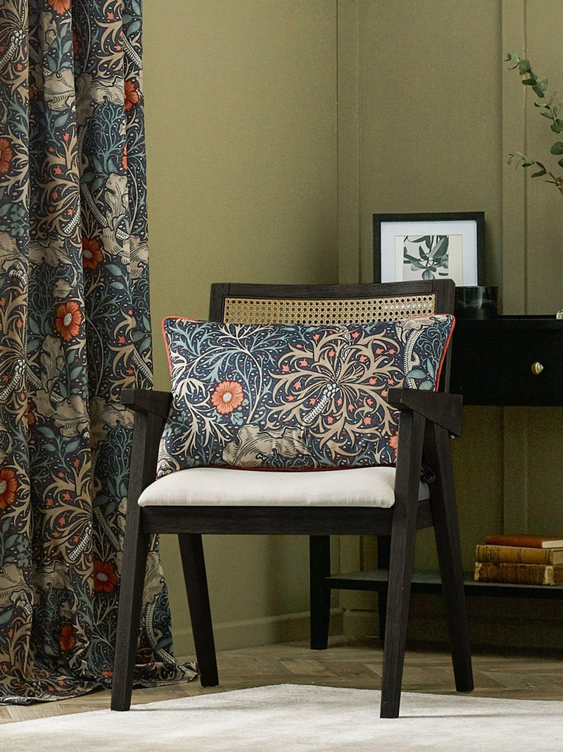 Morris & Co indigo seaweed velvet piped cushion, imported from the UK