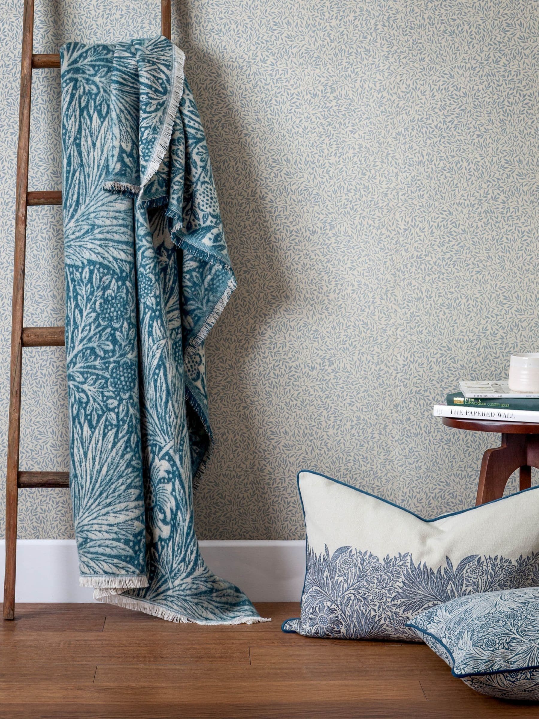 Morris & Co Indigo Marigold jacquard throw, imported from the UK