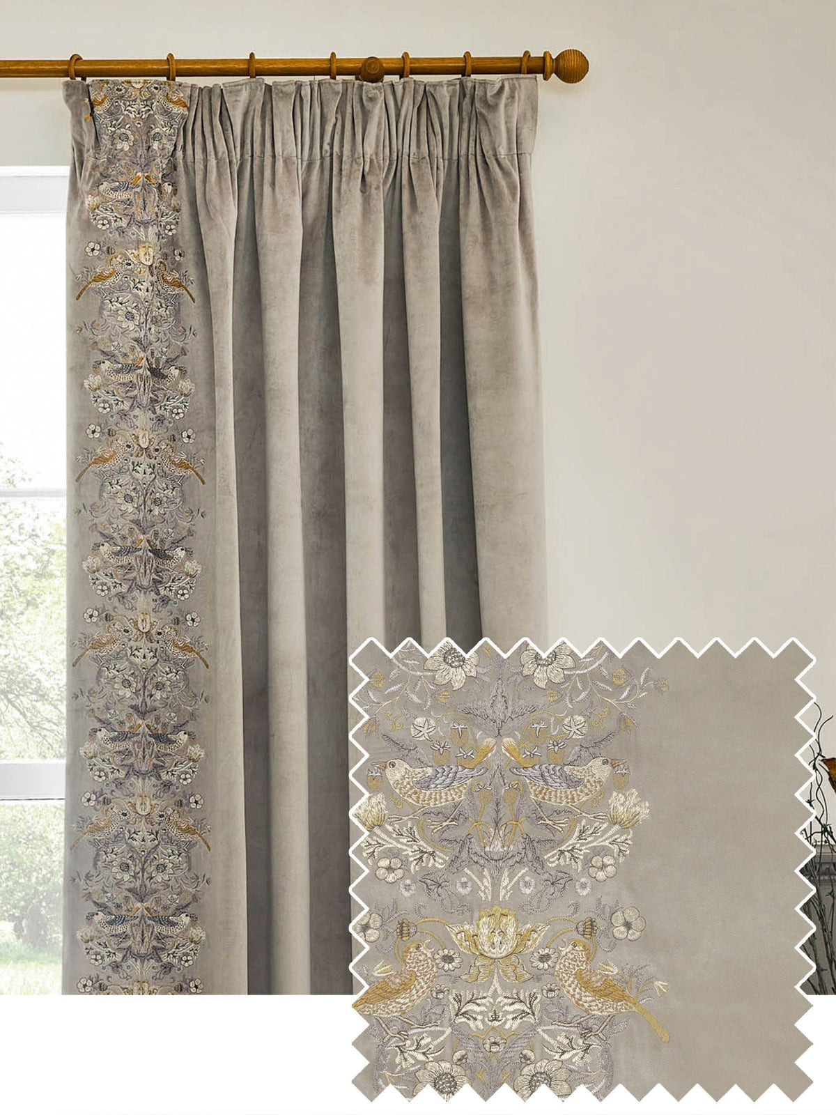 Morris & Co Strawberry Thief embroidered pencil pleat curtain - British product