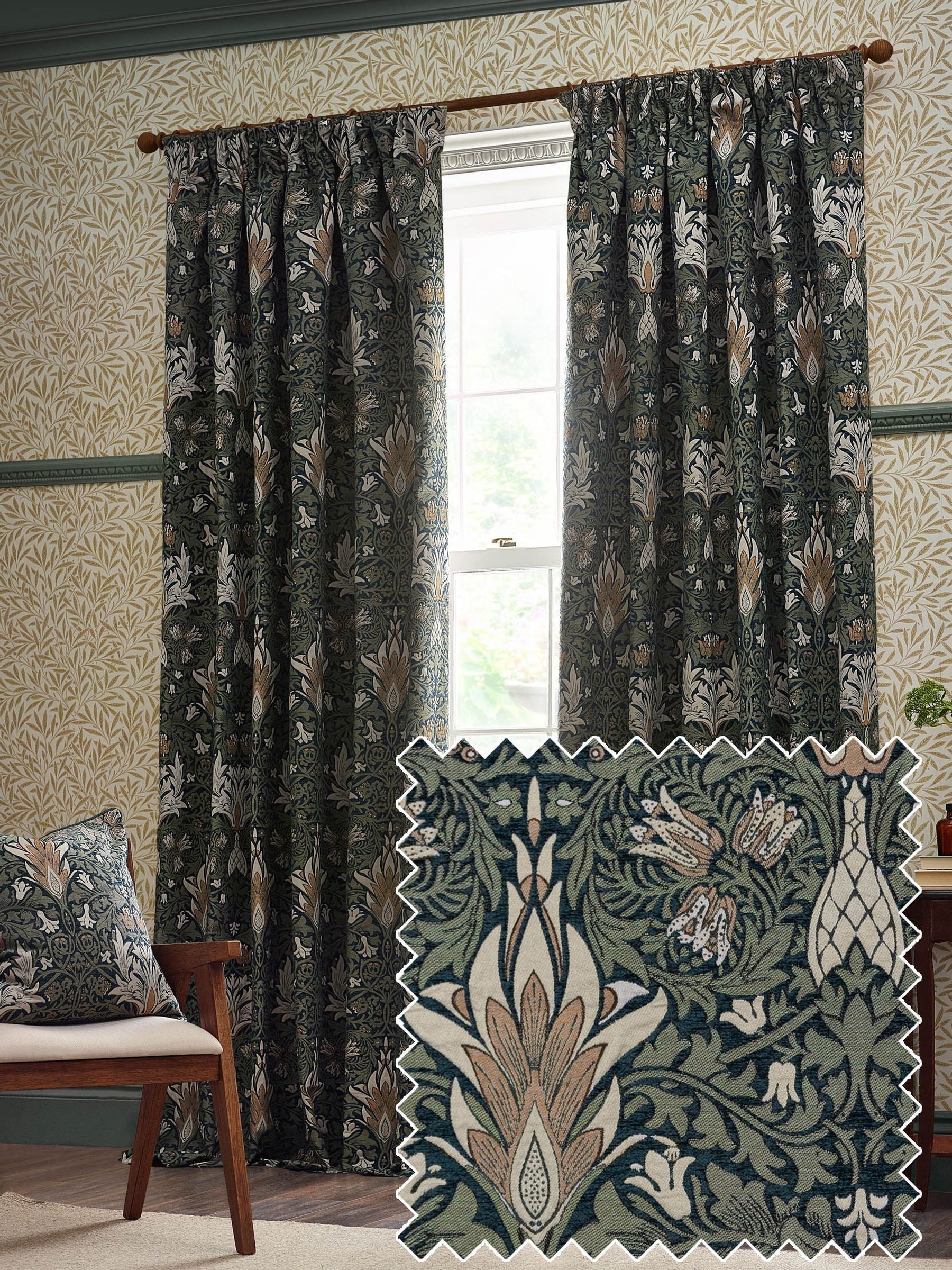 Morris & Co Snakeshead jacquard chenille pencil pleat curtain 117x137cm (British brand)