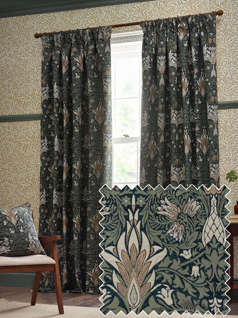 Morris & Co Snakeshead jacquard chenille pencil pleat curtain 117x137cm (British brand)