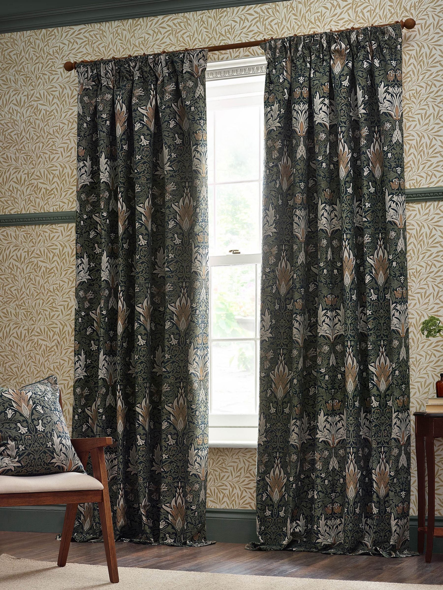 Morris & Co Snakeshead jacquard chenille pencil pleat curtain 117x137cm (British brand)