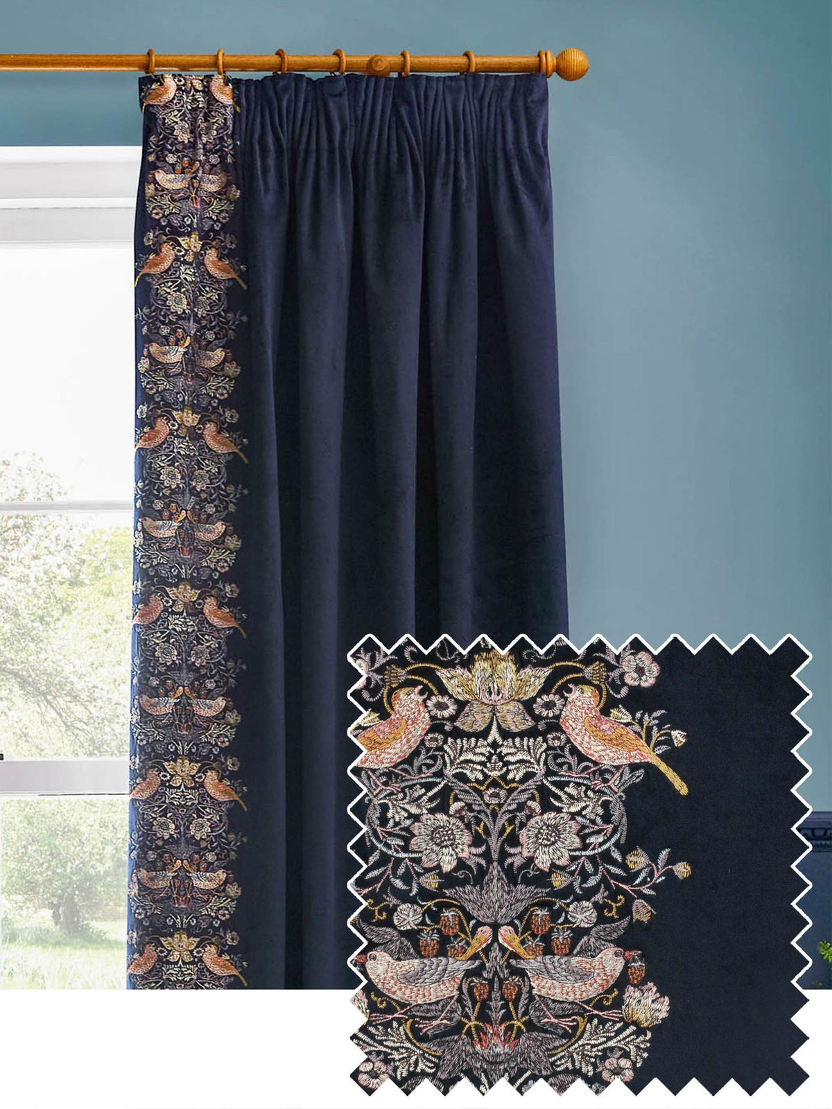 Morris & Co Indigo Strawberry Thief Embroidered Curtain 117x137cm (British brand)