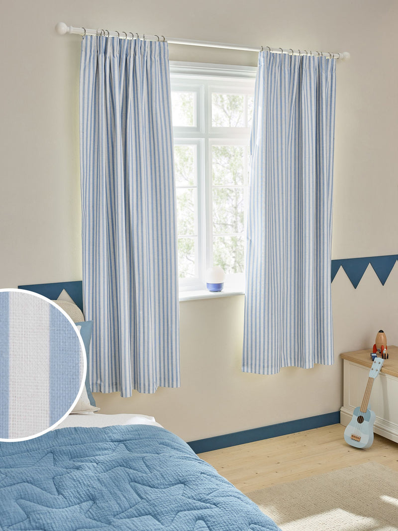 Blue Stripe Pencil Pleat Blackout Curtains
