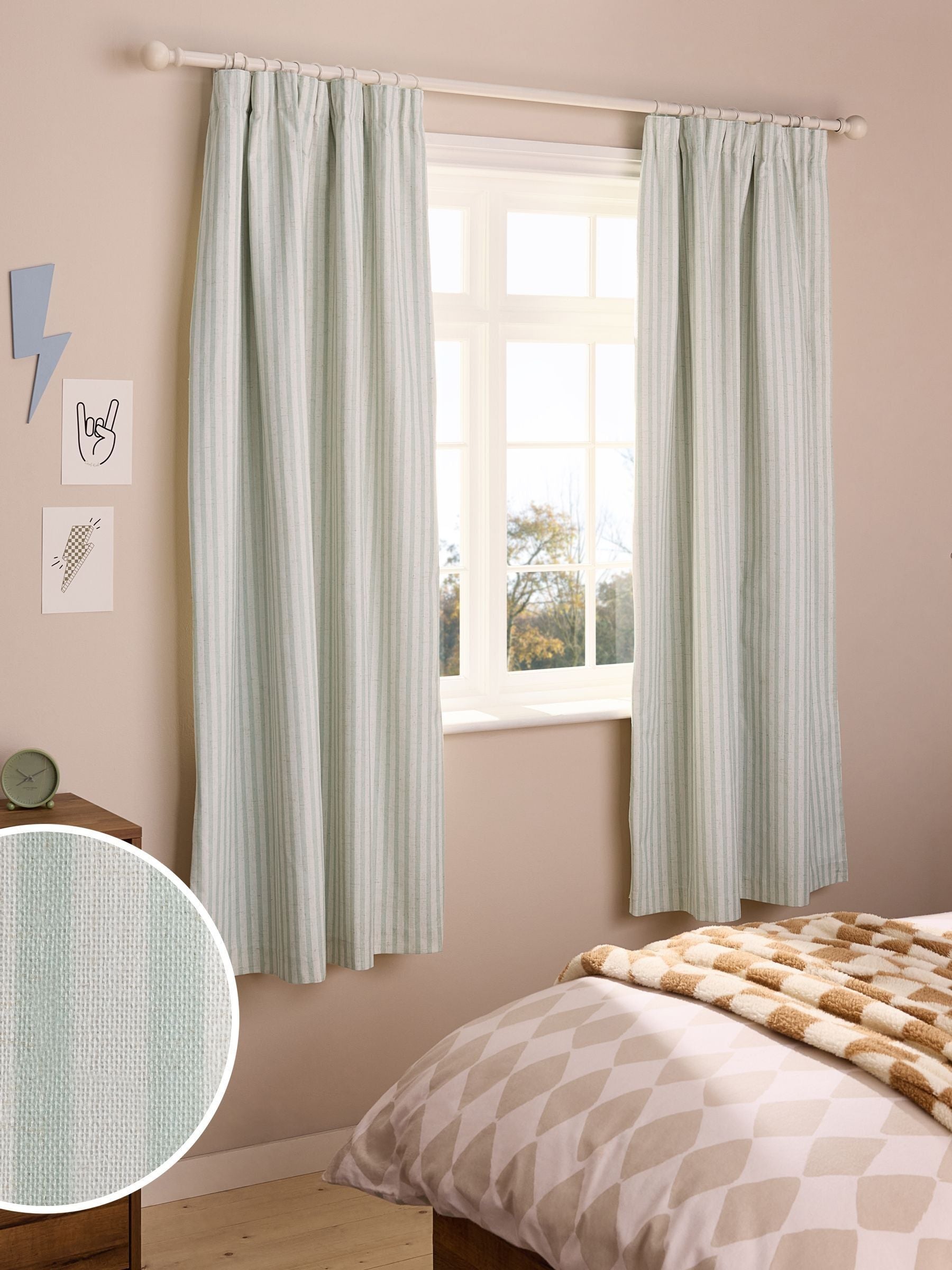 Blackout curtains sage stripe pencil pleat, imported from the UK