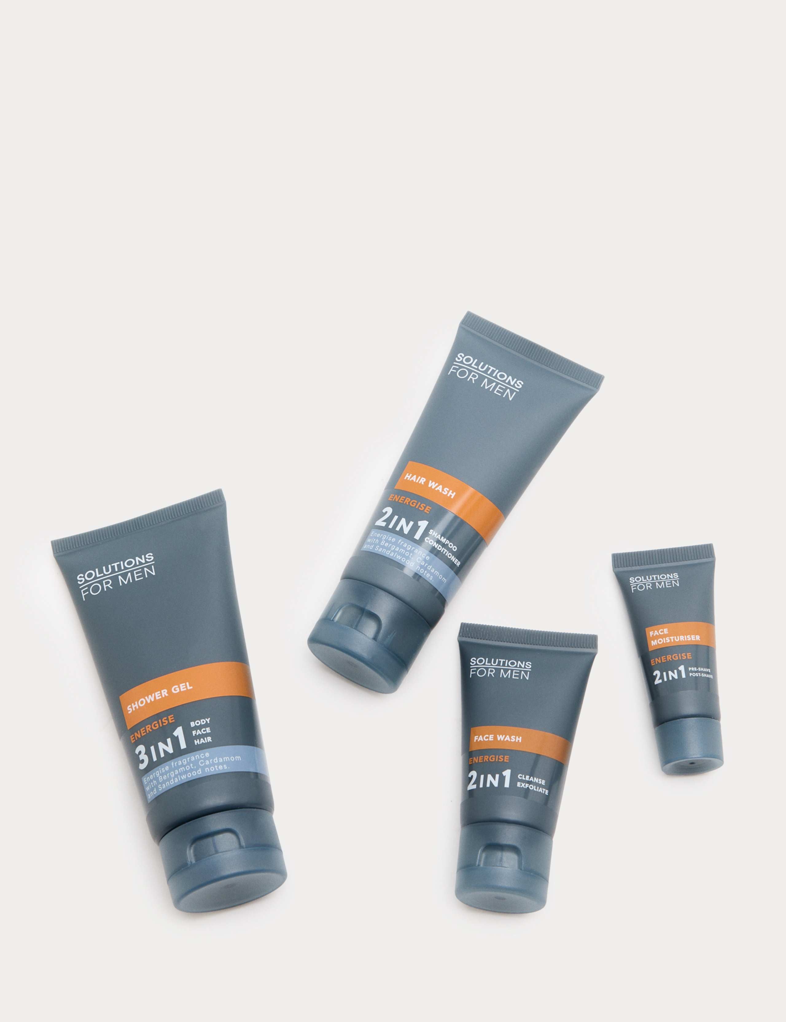 ENERGISE Discovery Set men's grooming kit with shower gel, hair wash, face wash, and moisturiser - British product