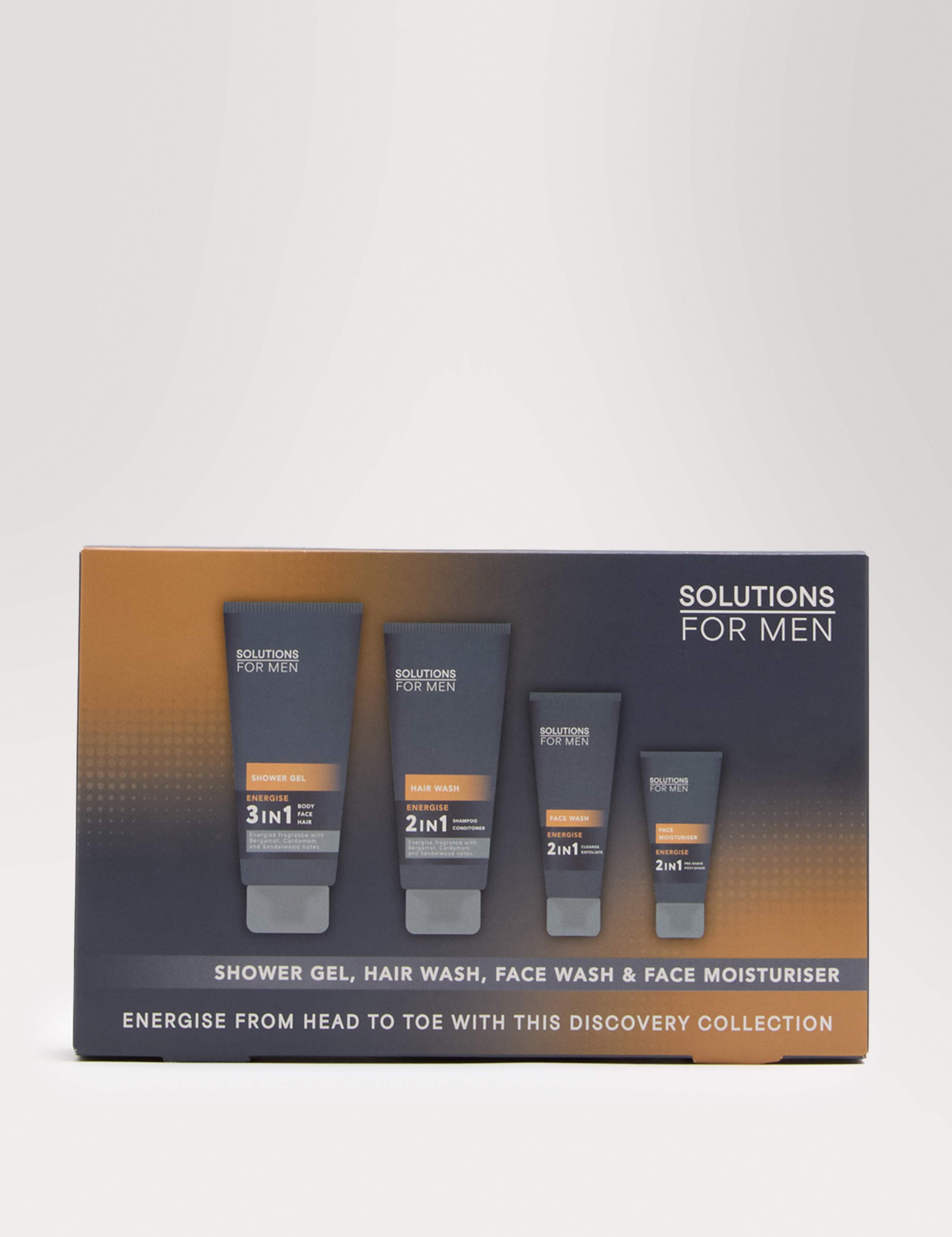 ENERGISE Discovery Set men's grooming kit with shower gel, hair wash, face wash, and moisturiser - British product