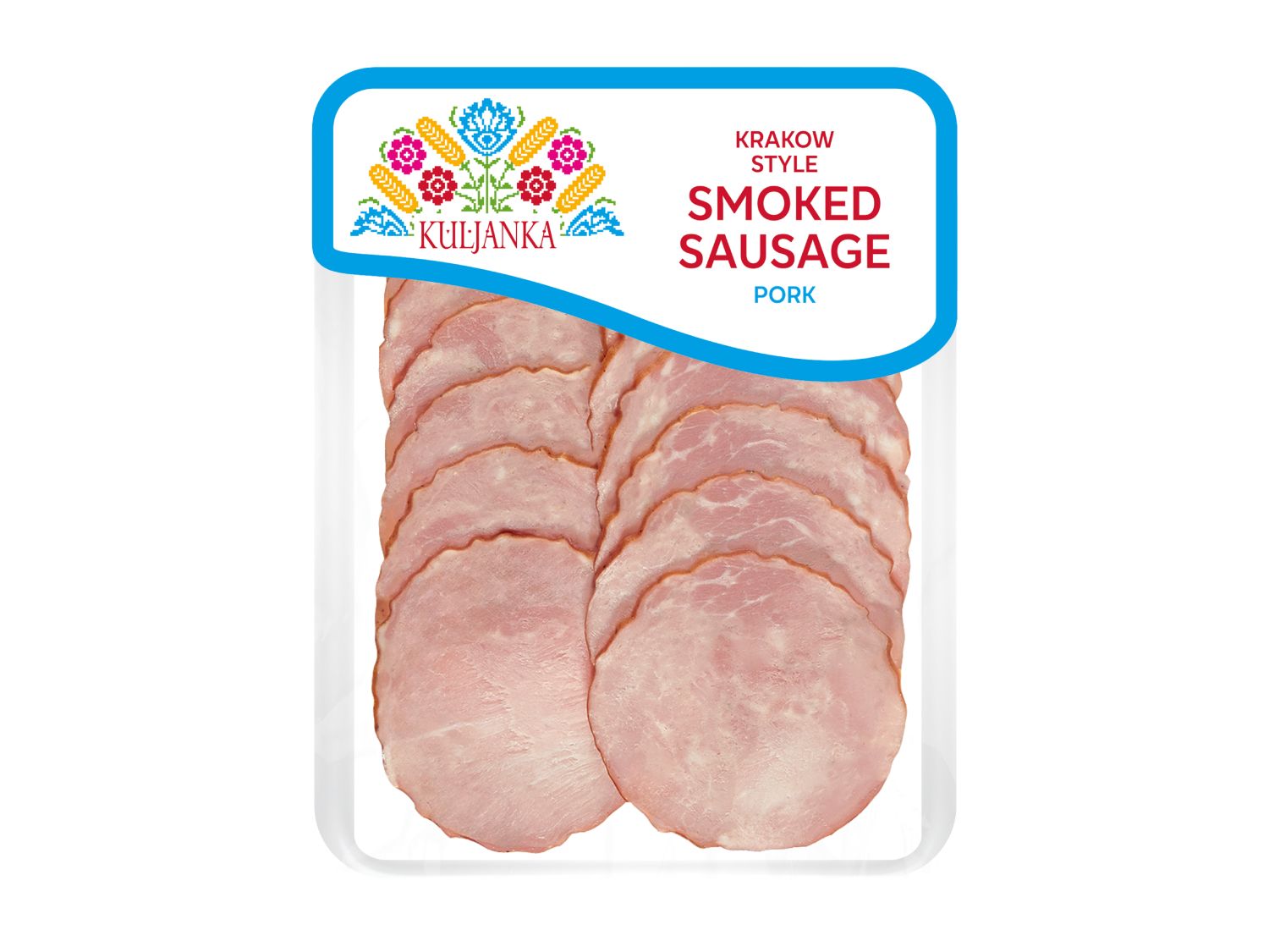 Krakow-style smoked sausage slices in assorted pork and chicken - British product