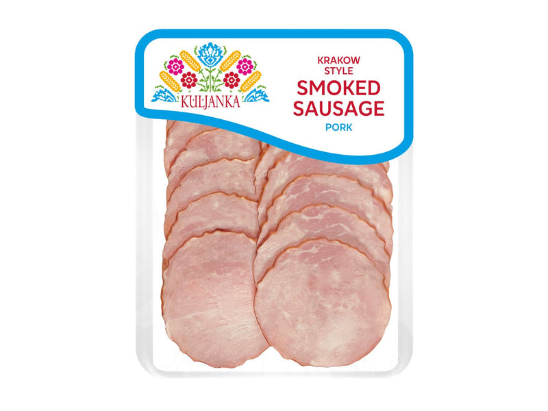 Krakow-style smoked sausage slices in assorted pork and chicken - British product