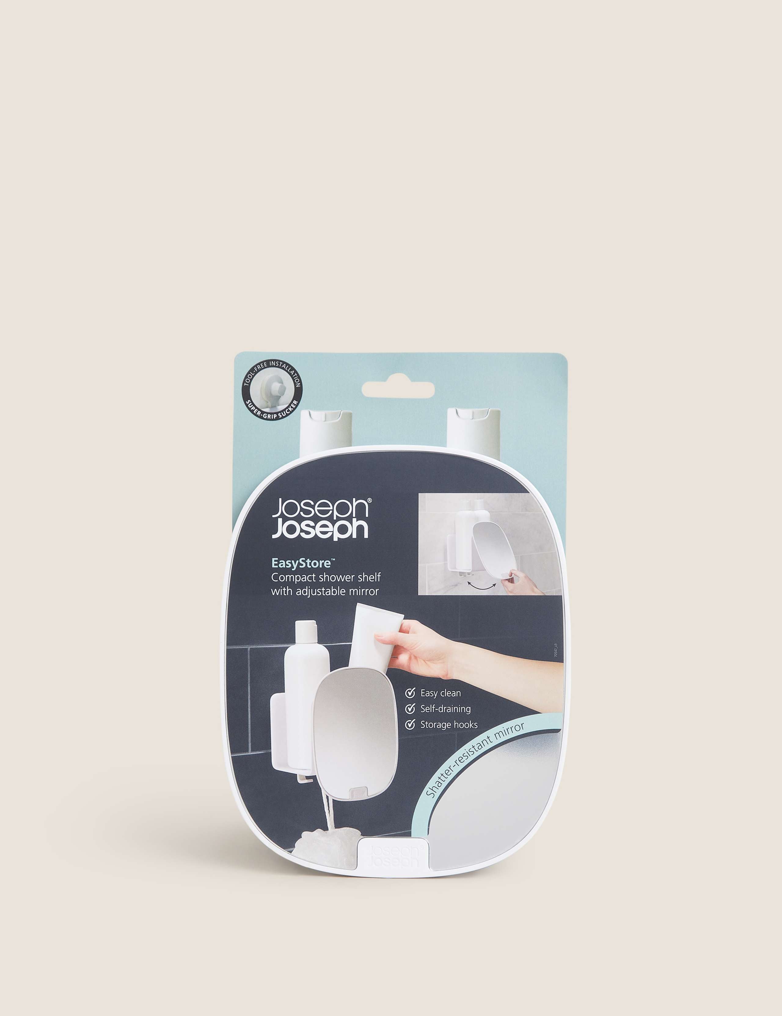 Joseph Joseph compact shower caddy with adjustable mirror - British product