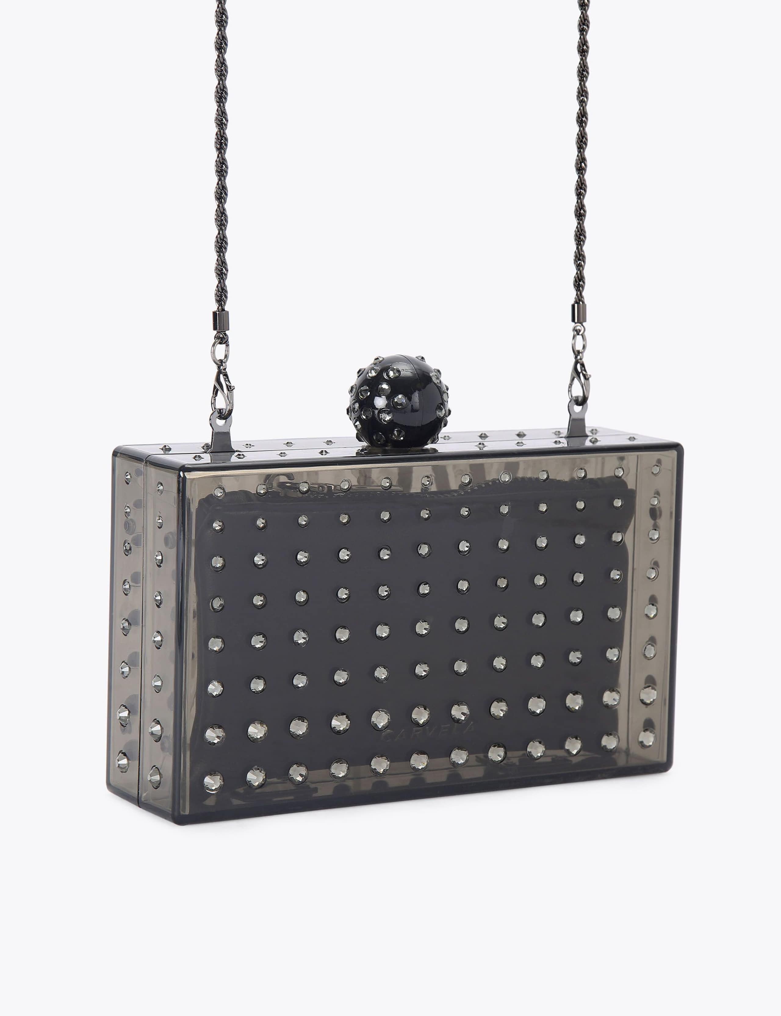 Carvela embellished clutch bag in smoked perspex with crystal details - British product