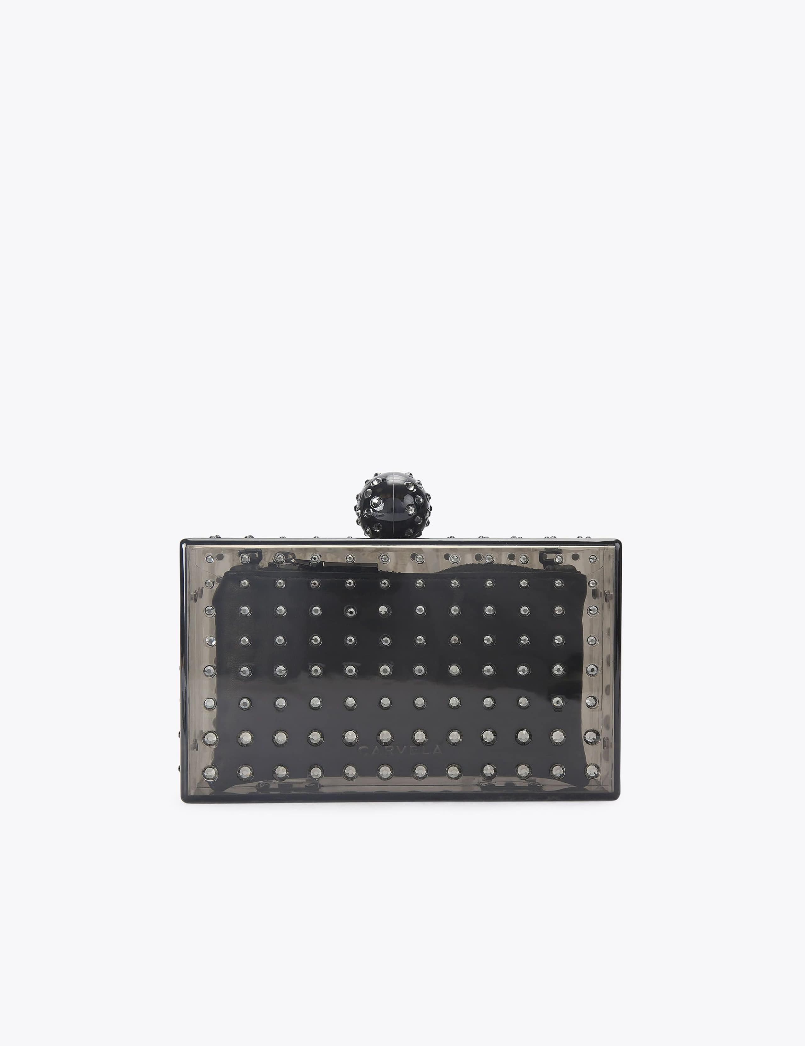 Carvela embellished clutch bag in smoked perspex with crystal details - British product