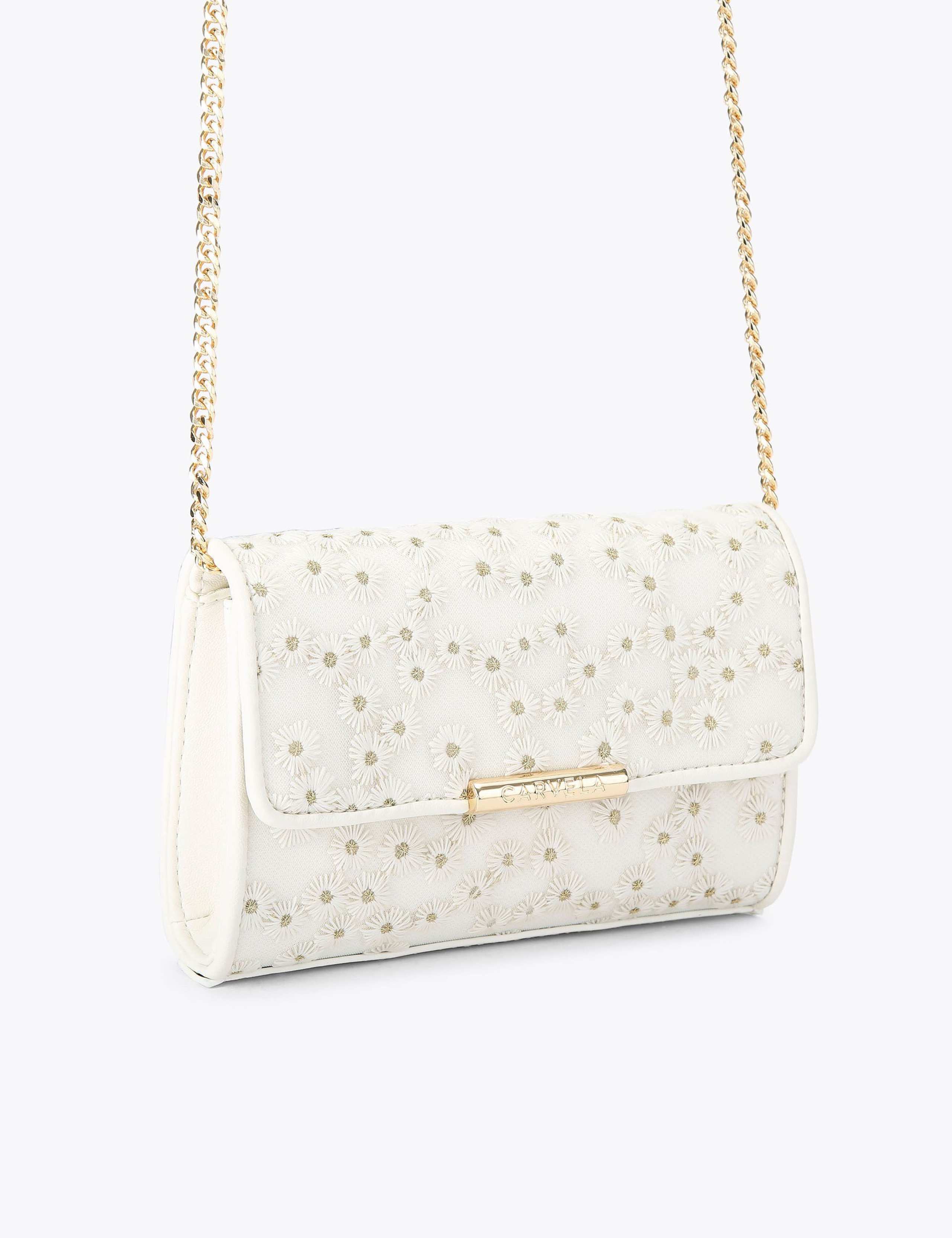 Carvela embroidered daisy chain strap clutch bag, imported from the UK