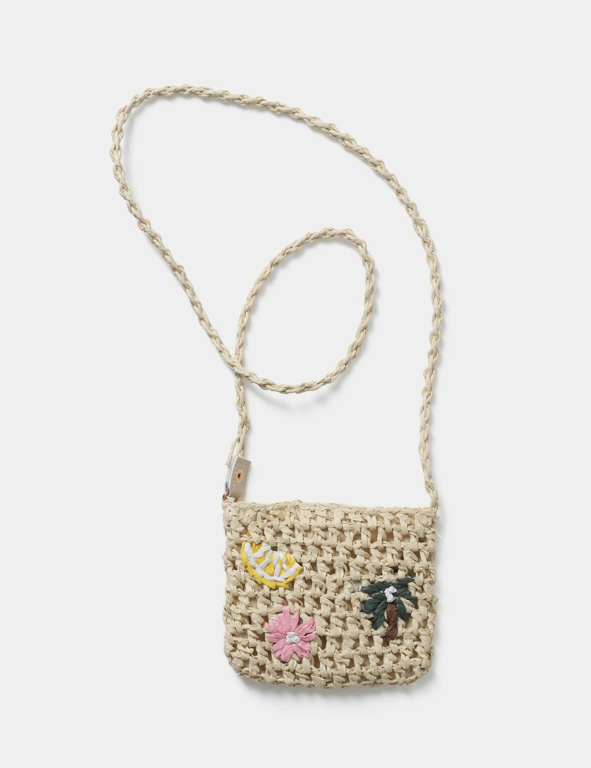 Embroidered raffia bag with polyester and metal, imported from the UK