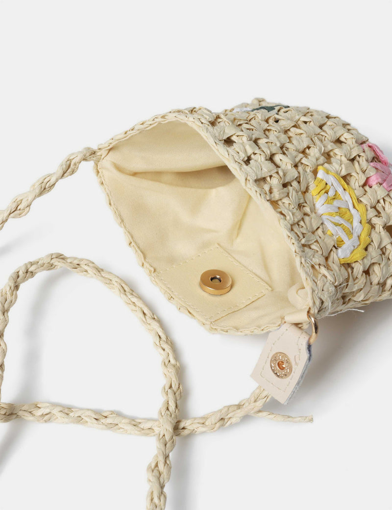 Embroidered raffia bag with polyester and metal, imported from the UK