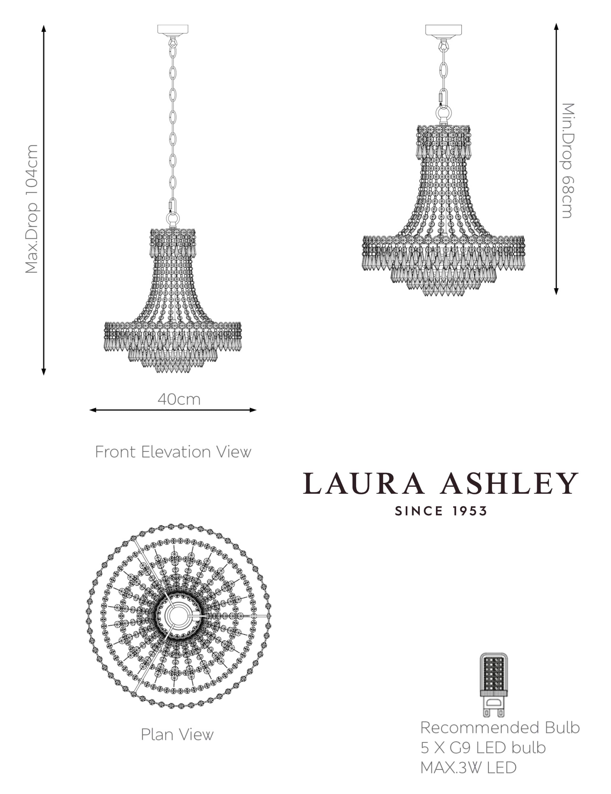 Laura Ashley Enid chandelier with crystal droplets (British brand)