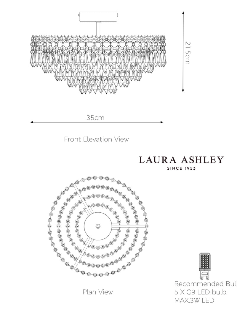 Laura Ashley Enid glass chandelier with crystals and nickel frame, UK version