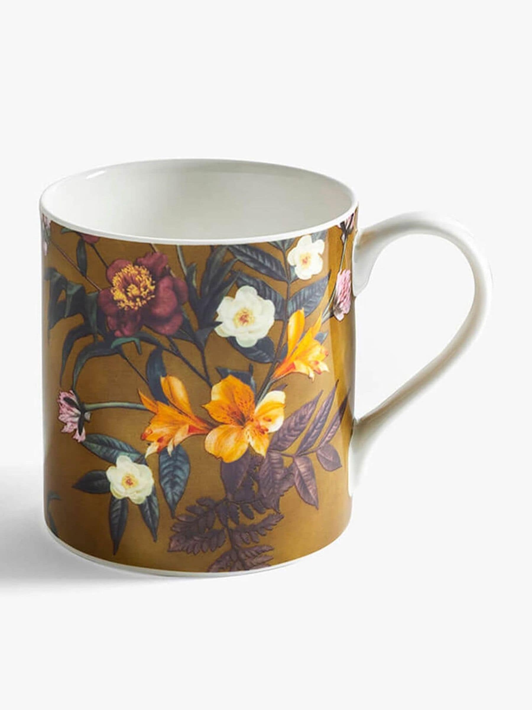 Set of 2 Mustard Bone China Mugs with Hand-Painted Floral Design