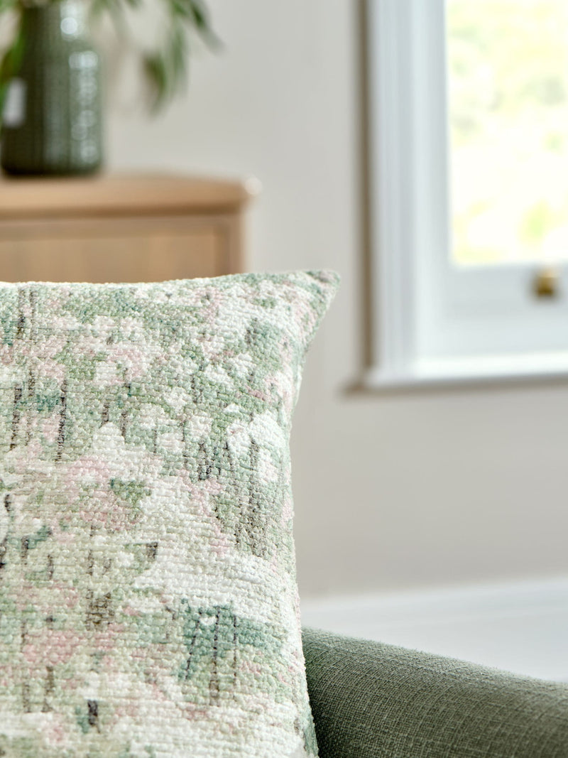 Sage green abstract floral print cushion, 50x50cm, imported from the UK