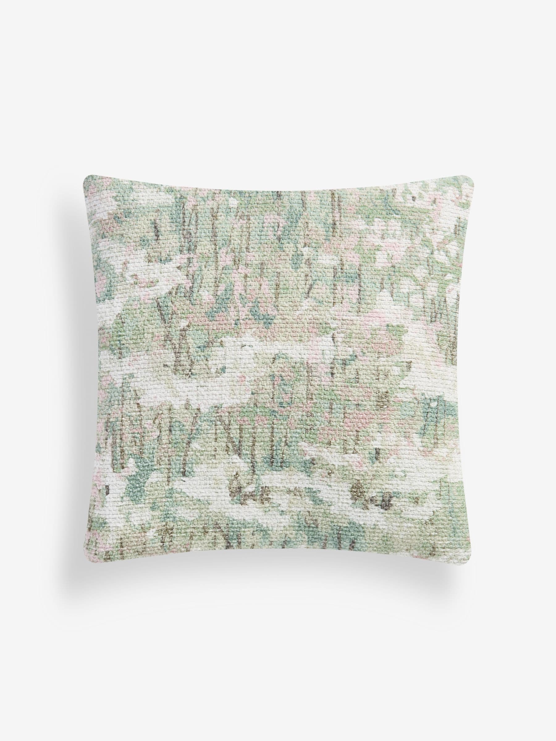 Sage green abstract floral print cushion, 50x50cm, imported from the UK