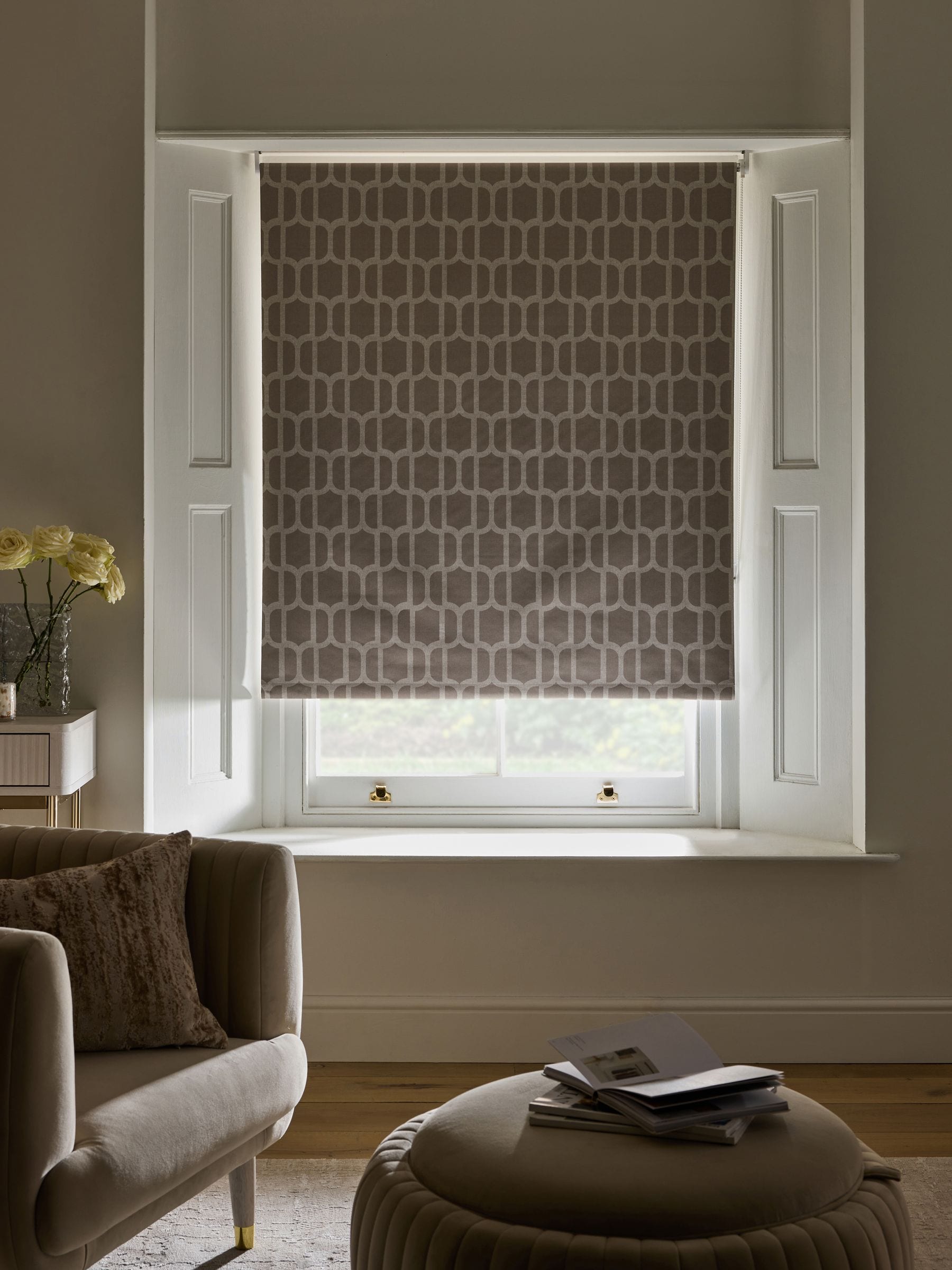 Mink natural geometric print roller blind - British product