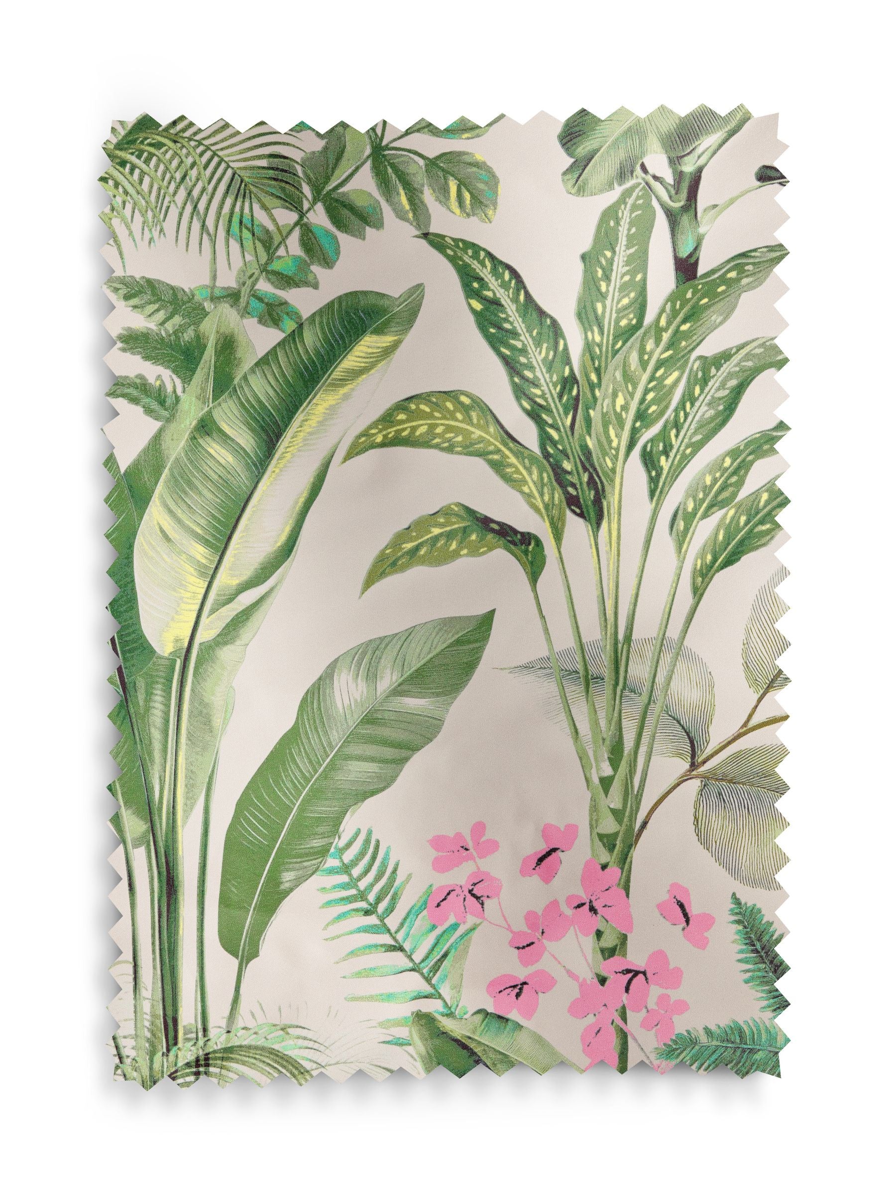 Tropical leaf print blackout roller blind in green and pink, UK version