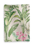 Tropical leaf print blackout roller blind in green and pink, UK version