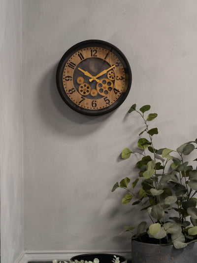 Libra Interiors Black Palladium Mini Dials Clock - Wooden Dial Decorative Clock with Moving Cogs 32.8cm
