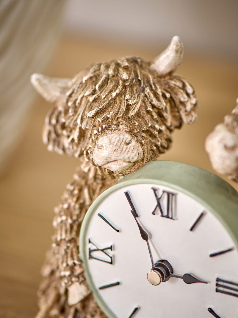 Natural Sage Green Hamish Highland Cow Mantel Clock 13.5cm x 16cm x 7.5cm, imported from the UK