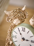 Natural Sage Green Hamish Highland Cow Mantel Clock 13.5cm x 16cm x 7.5cm, imported from the UK
