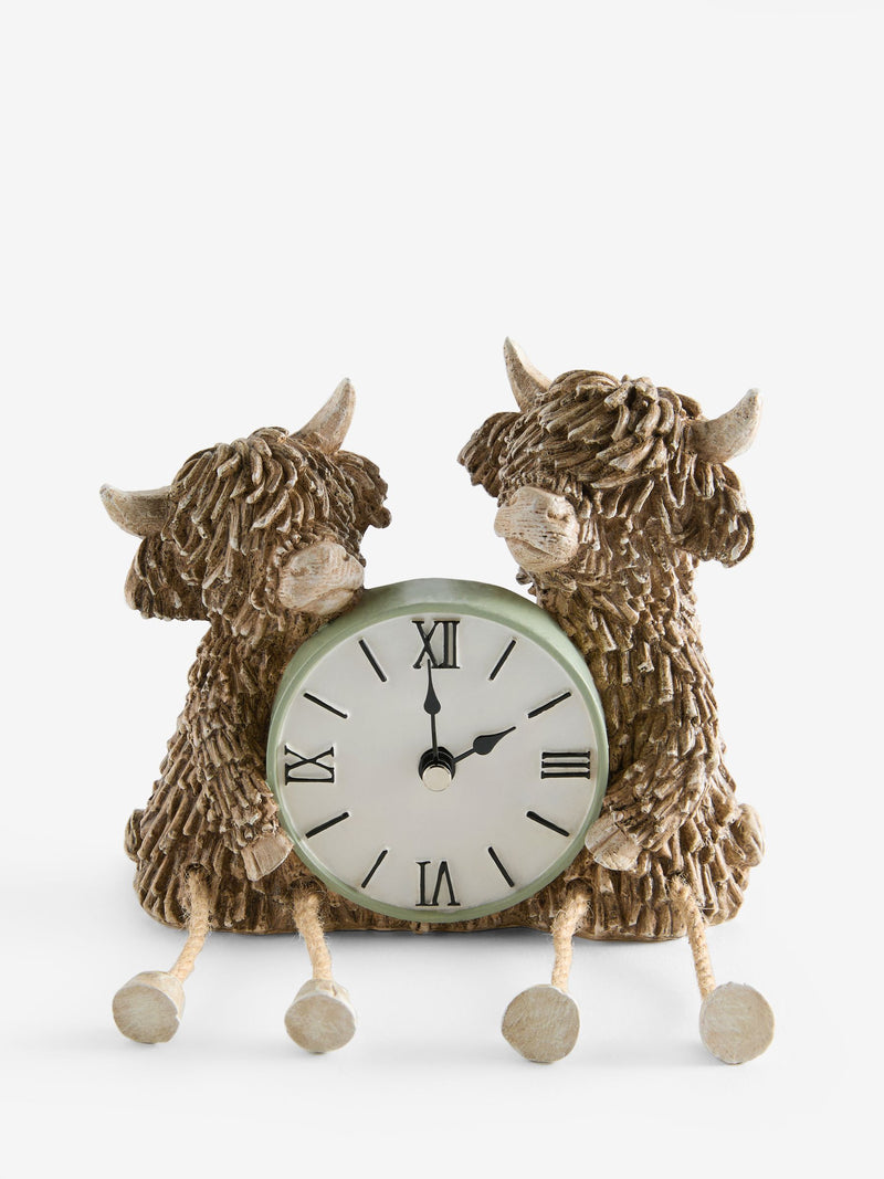 Natural Sage Green Hamish Highland Cow Mantel Clock 13.5cm x 16cm x 7.5cm, imported from the UK