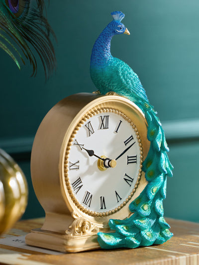 Gold Teal Benedict Pfau Kaminsims-Uhr Dekorationsuhr 20cm