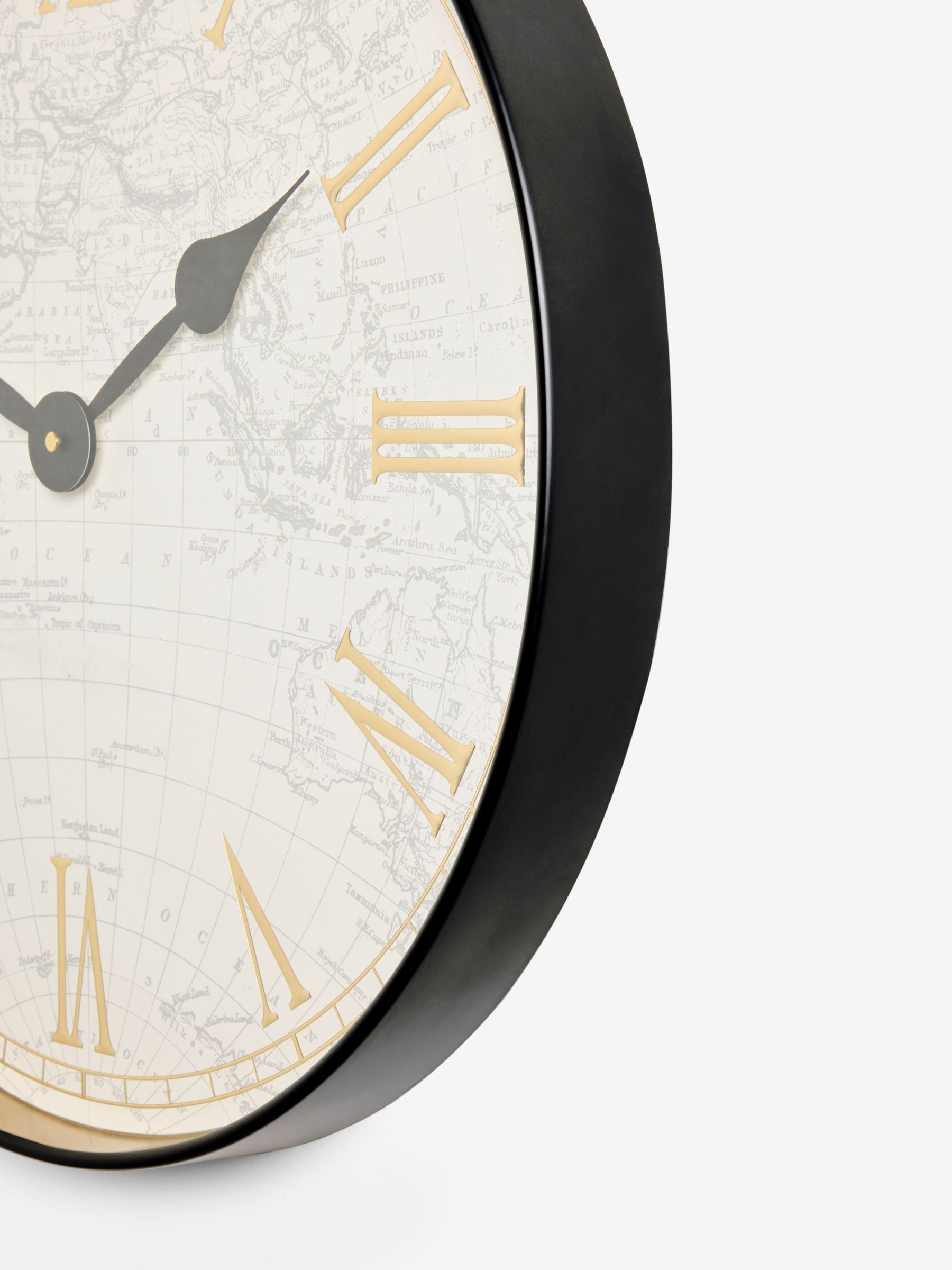 Black map print wall clock 50cm - British product